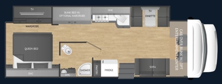 2026 Nexus Rebel 35R floor plan diagram showing the queen bed, wardrobe, bunk beds, shower, pantry, refrigerator, galley, dinette, sofa and cab-over bunk