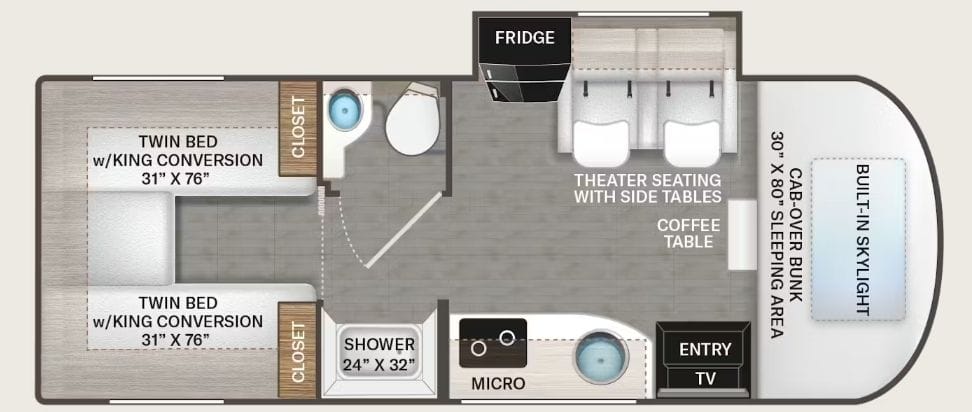 2026 Thor Delano 24XL floor plan - twin beds with king conversion, theater seating, cab-over bunk