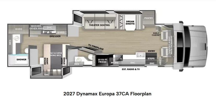 2027 Dynamax Europa S 37CA floor plan showing the overhead bunk over the cockpit, entry and steps, galley with 15 cu ft refrigerator, dream dinette, theater seating, TV and fireplace, tilt-a-view king bed, dresser, washer/dryer prep and rear shower