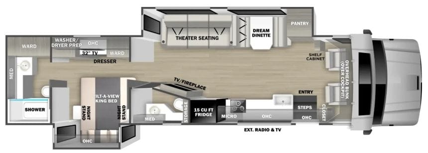 2027 Dynamax Europa S 37CA floor plan showing the overhead bunk over the cockpit, entry steps and closet, galley with 15 cu ft refrigerator and microwave, dream dinette, theater seating with TV and fireplace, rear tilt-a-view king bed, washer/dryer prep and rear corner bath with shower