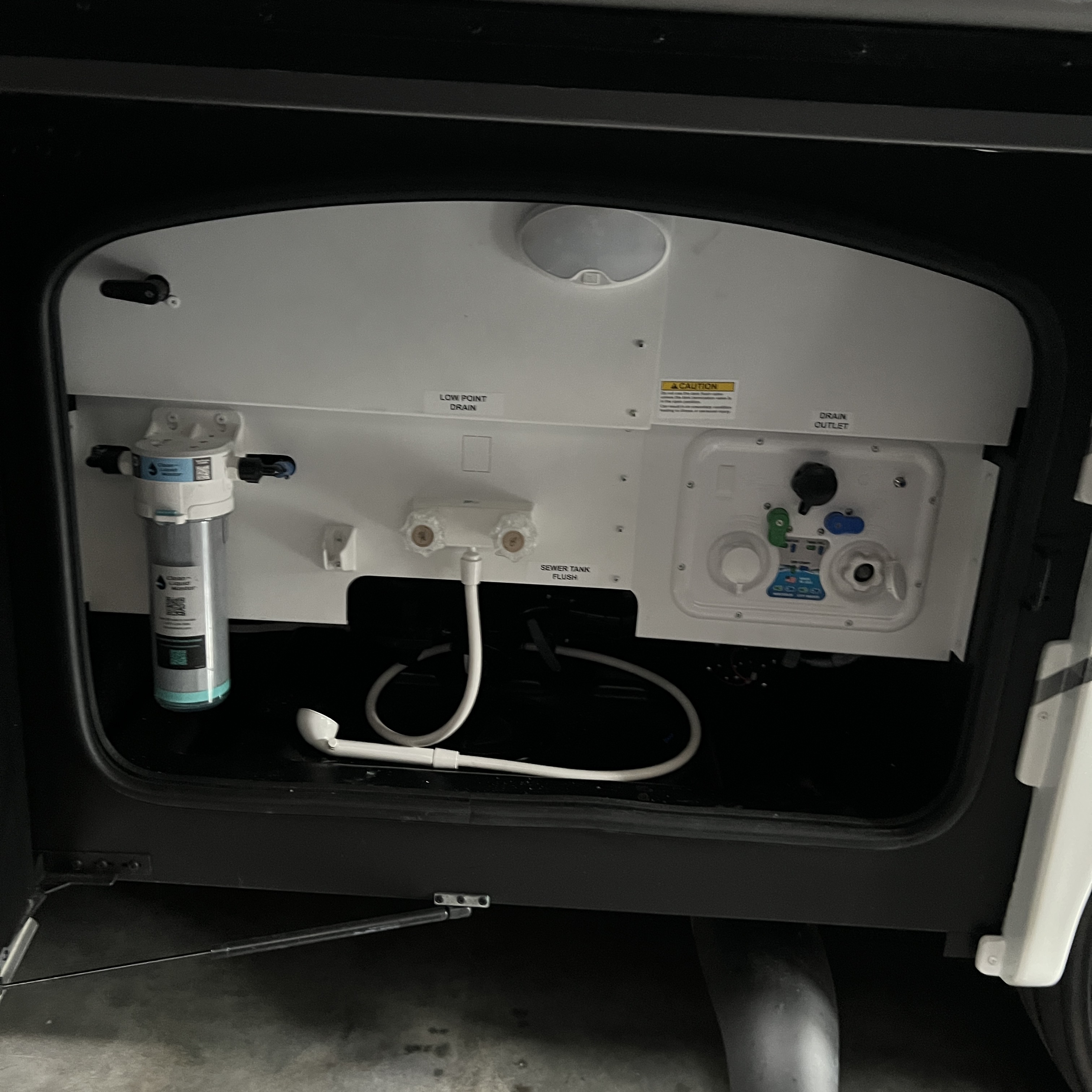2027 Thor Pasadena SV 34XG exterior utility bay, water filtration and tank controls